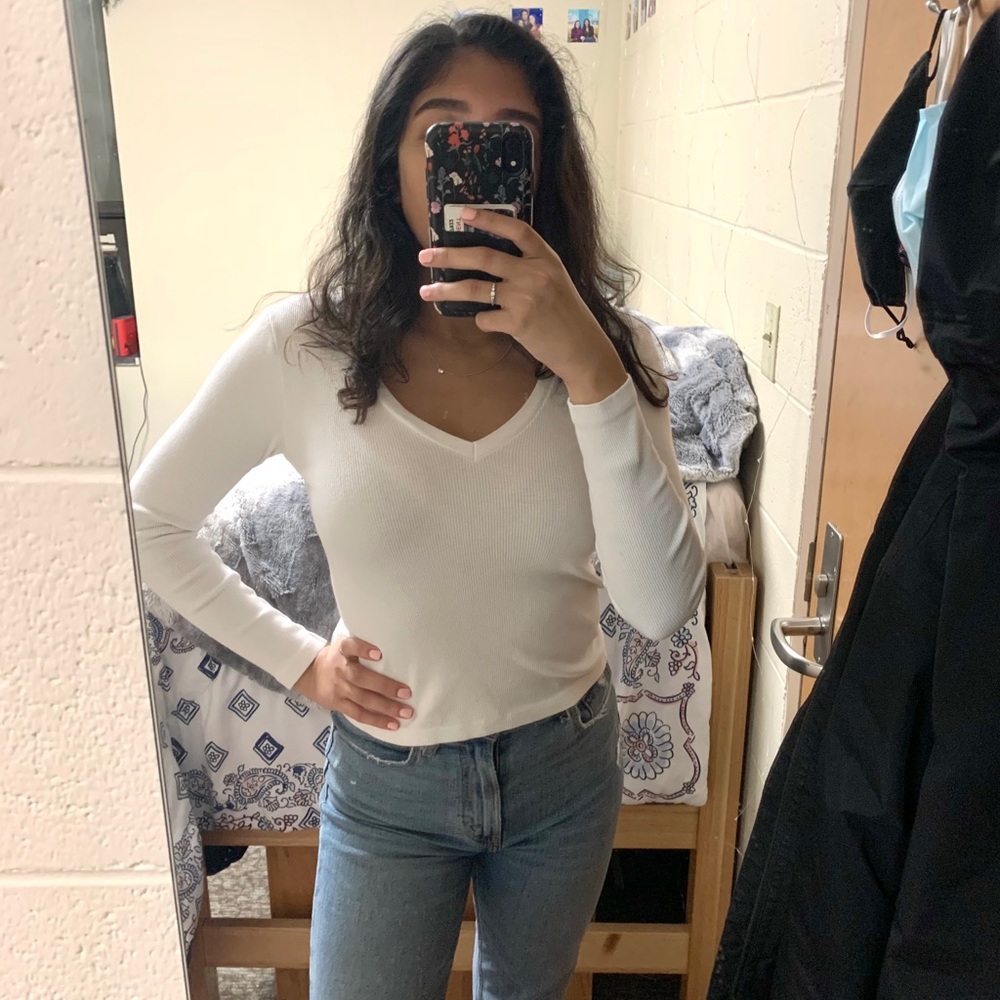Brandy Melville White Long Sleeve V Neck Top